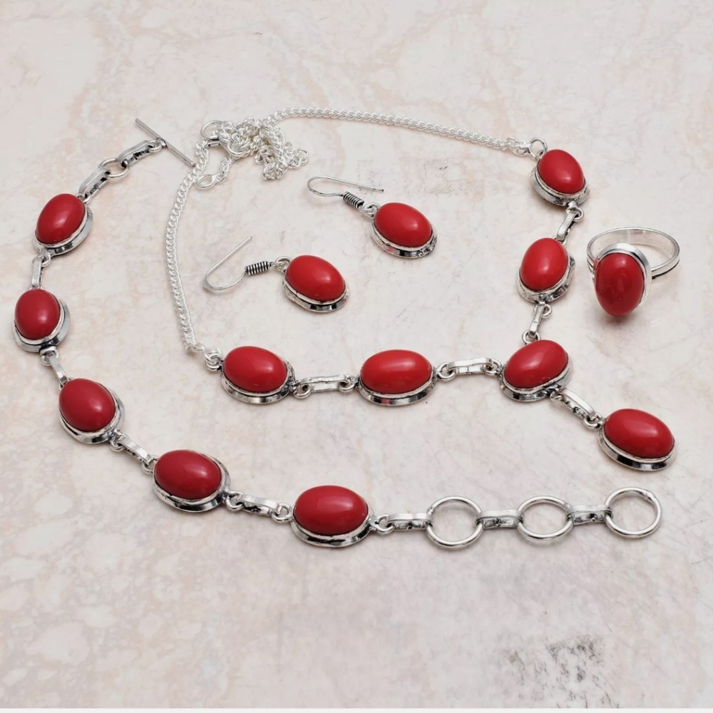 New size 7 coral sterling silver necklace set